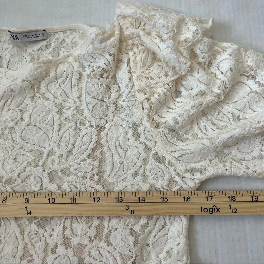 Zara Ivory Floral Lace Mini Dress Balloon Sleeve Ruffle Boho Wedding Guest M - Picture 15 of 16